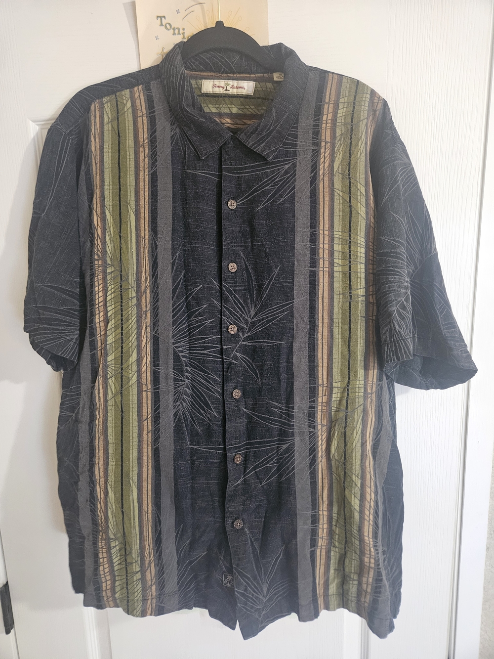 Tommy Bahama Black Shirt with Green and Tan Vertical Stripes